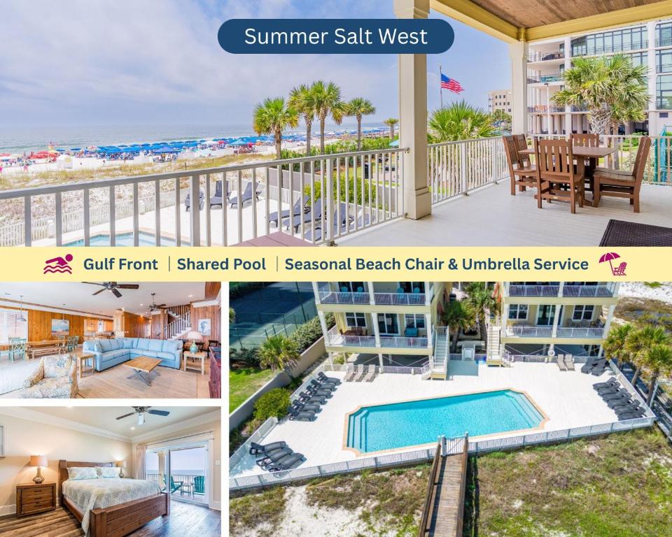 a collage of photos of a beachfront apartment with a swimming pool at Summer Salt West by Youngs Suncoast in Orange Beach