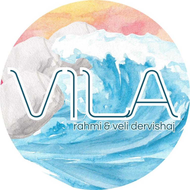a watercolor drawing of a mountain in a circle at Vila Rahmi & Veli Dervishaj in Vlorë