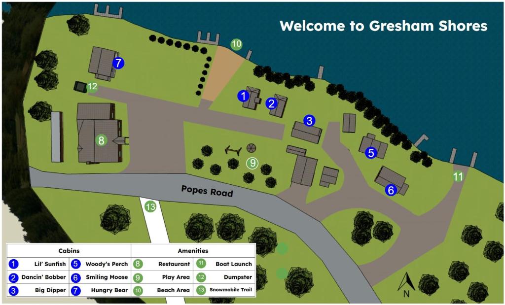 a map of a park with directions to different shops at Gresham Shores - Big Dipper - PET FRIENDLY in Arbor Vitae