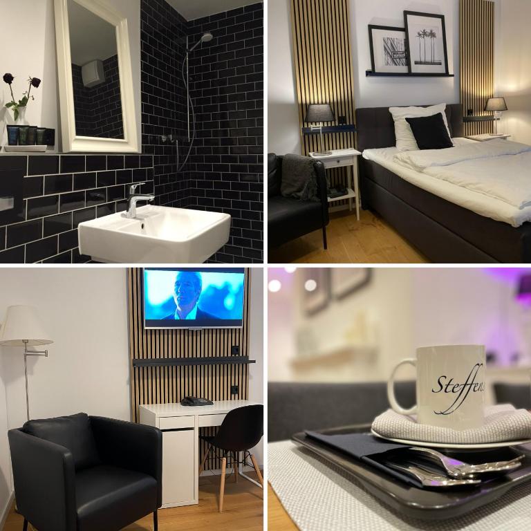 a room with a bed a sink and a mirror at Steffens Herrnmuehle in Alzenau