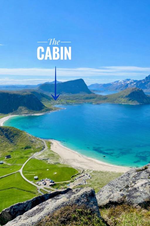 a view of the calin from the top of a mountain at Haukland beach panorama - with Sauna in Offersøya