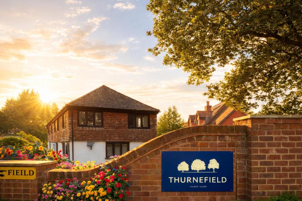 a sign in front of a building with a house at Thurnefield Holiday Cottages in Potter Heigham