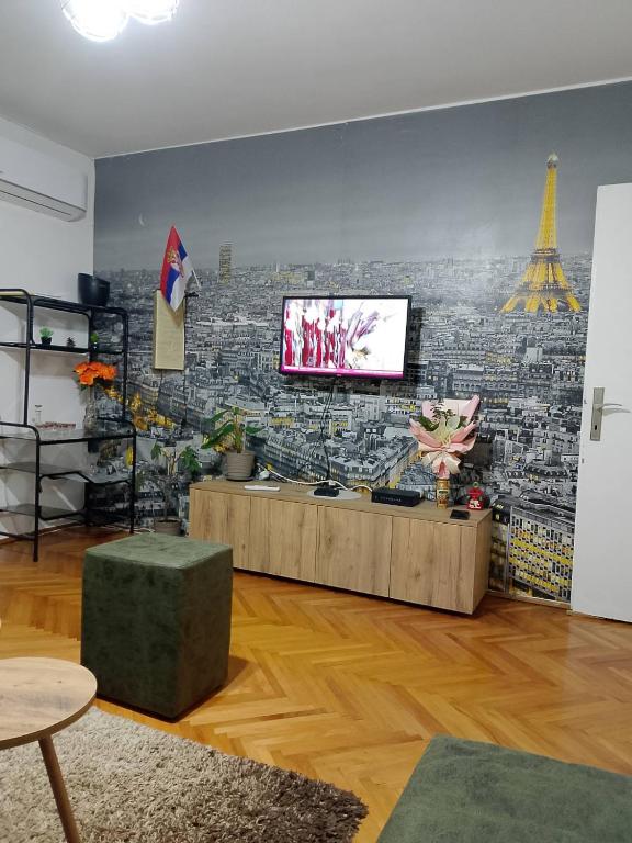 a living room with a tv on a brick wall at Apartman Petra in Leskovac