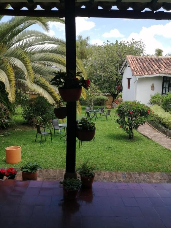 Blick auf eine Terrasse mit Topfpflanzen im Garten in der Unterkunft die sonne in Estación El Salto