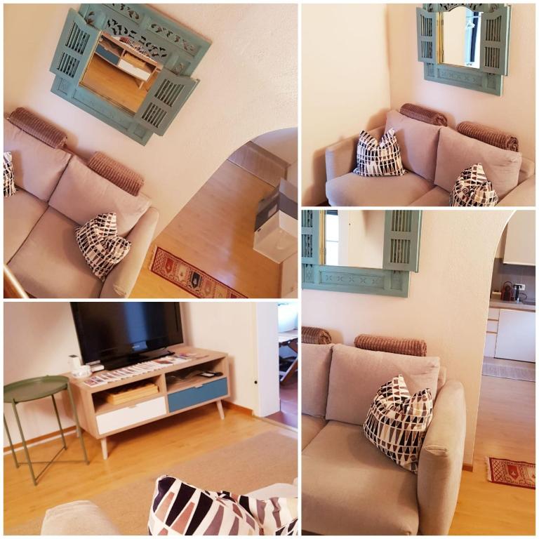 a collage of four pictures of a living room at LA COLLINETTA appartamento di vacanza in Collina d'Oro