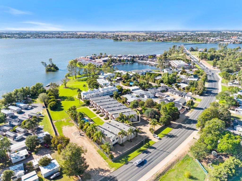 an aerial view of a city with a harbor at Elsinor 4 in Mulwala