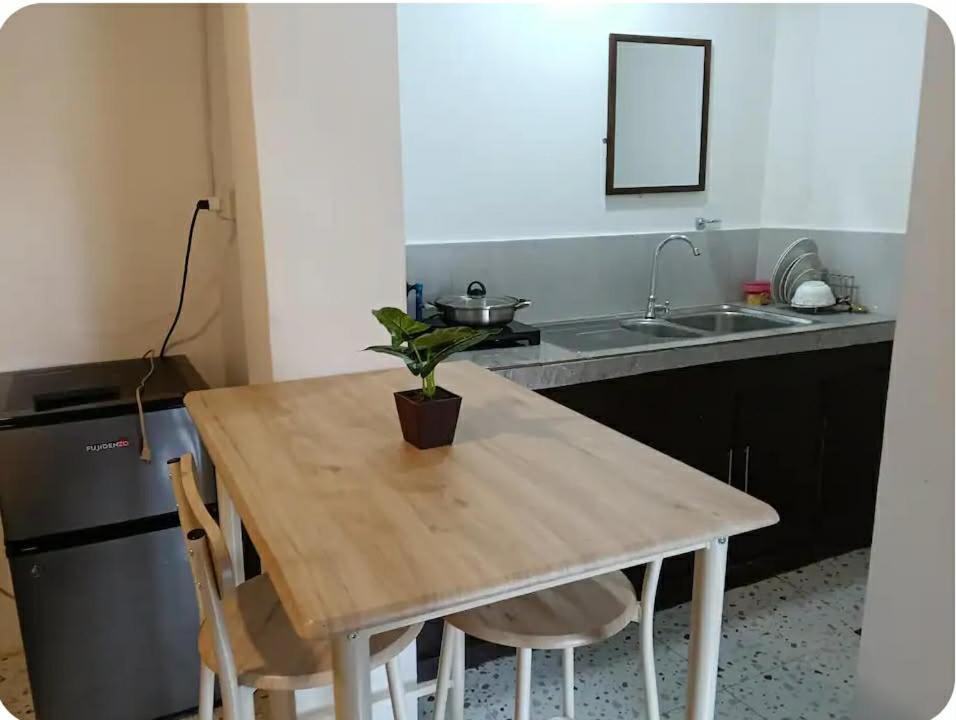 a kitchen with a wooden table with a potted plant on it at Xavier Heights Gate 1 Pad in Cagayan de Oro
