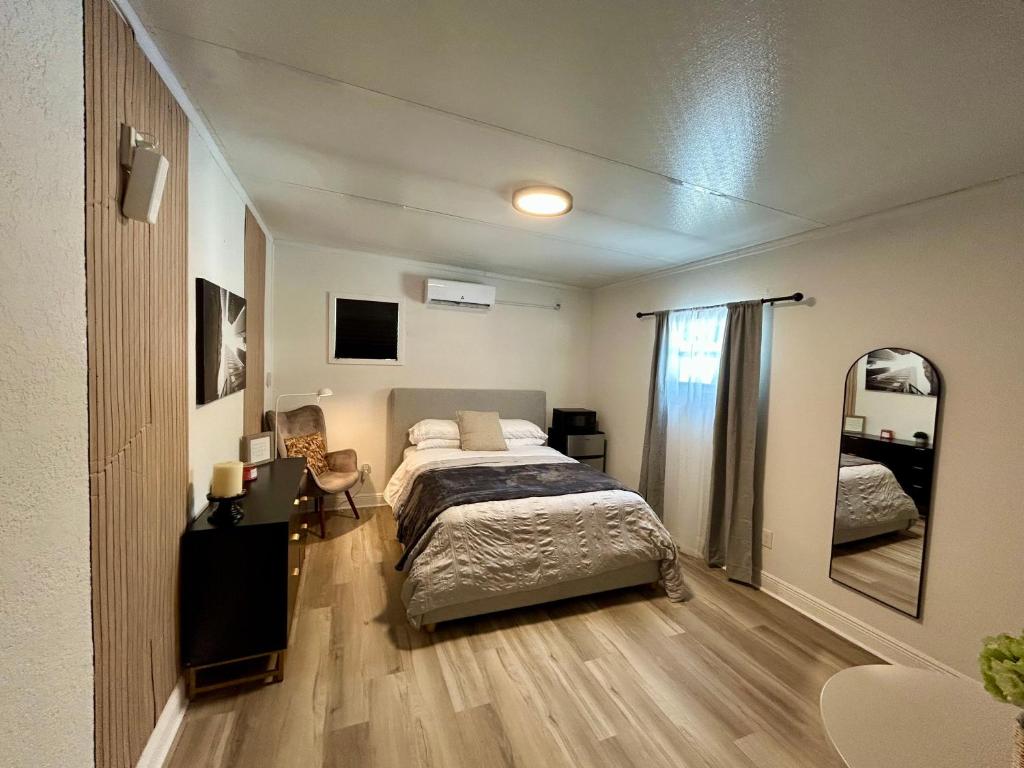 a bedroom with a bed and a large mirror at Suite Villa Roman in Tampa
