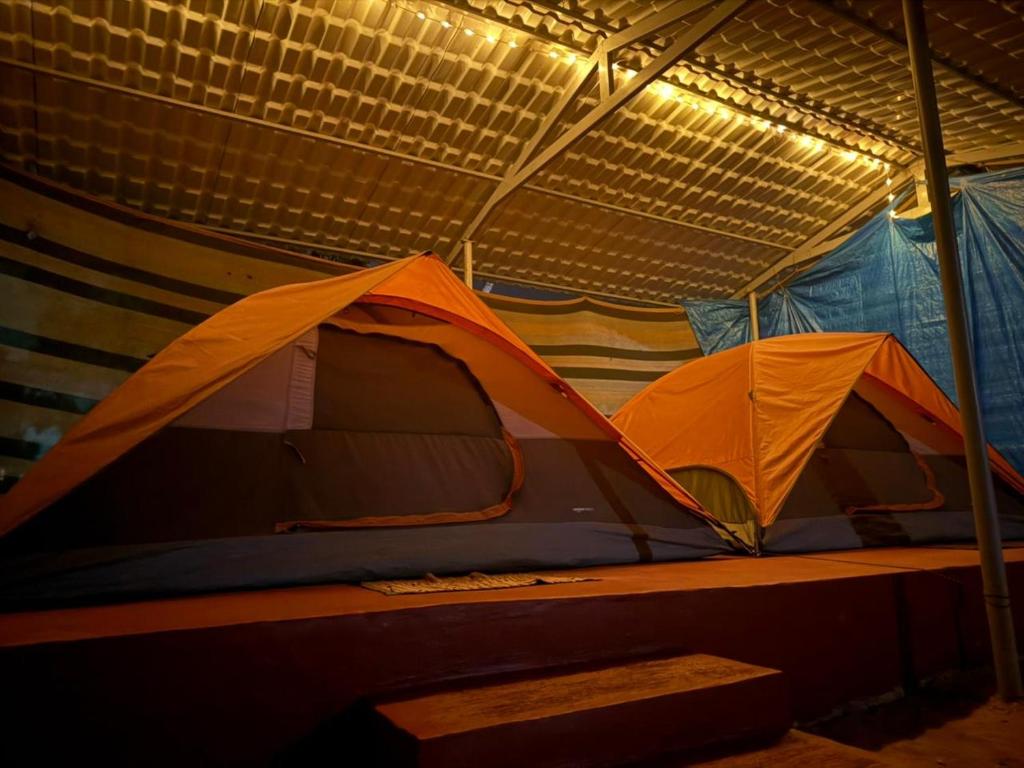 two tents sitting inside of a building with lights at Beach vibe in Udupi