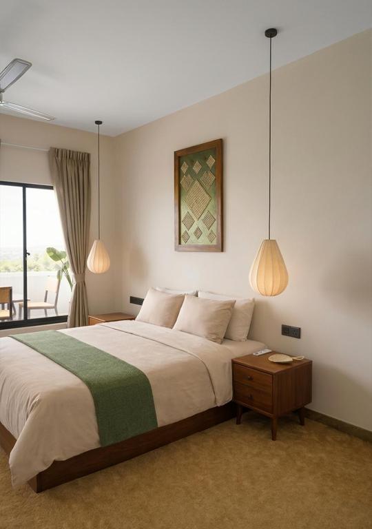 a bedroom with a large bed with two lamps at Drop Inn Studios in Ahangama