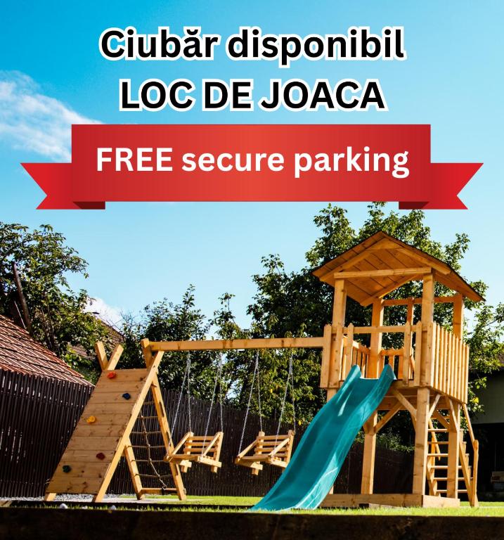 a playground log de jago with a slide and a gazebo at FLH - Citadel Garden - Casă cu Curte și Parcare Privată lângă Cetatea Alba Carolina - Loc de Joacă și Ciubăr in Alba Iulia