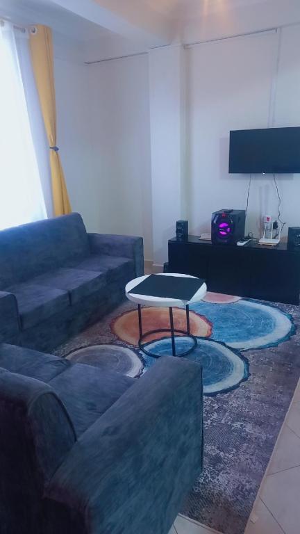 a living room with a couch and a table on a rug at Panorama bnbs meru in Meru