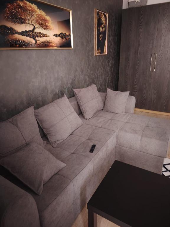 a living room with a couch and a table at Apartament Maya luxury in Bucharest