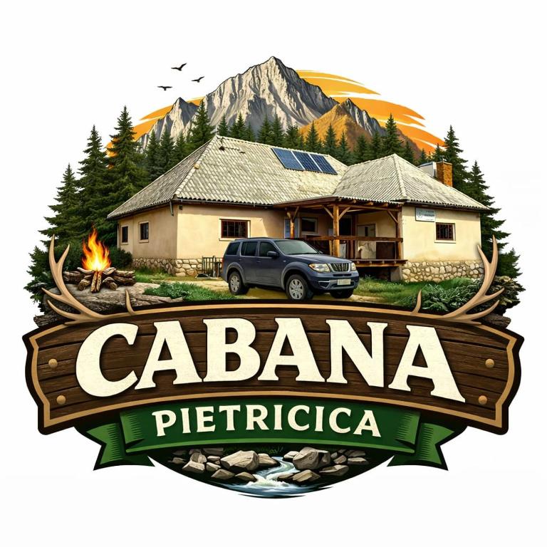 a sign for a cabin with a house and a fire at Cabana Pietricica in Dâmbovicioara