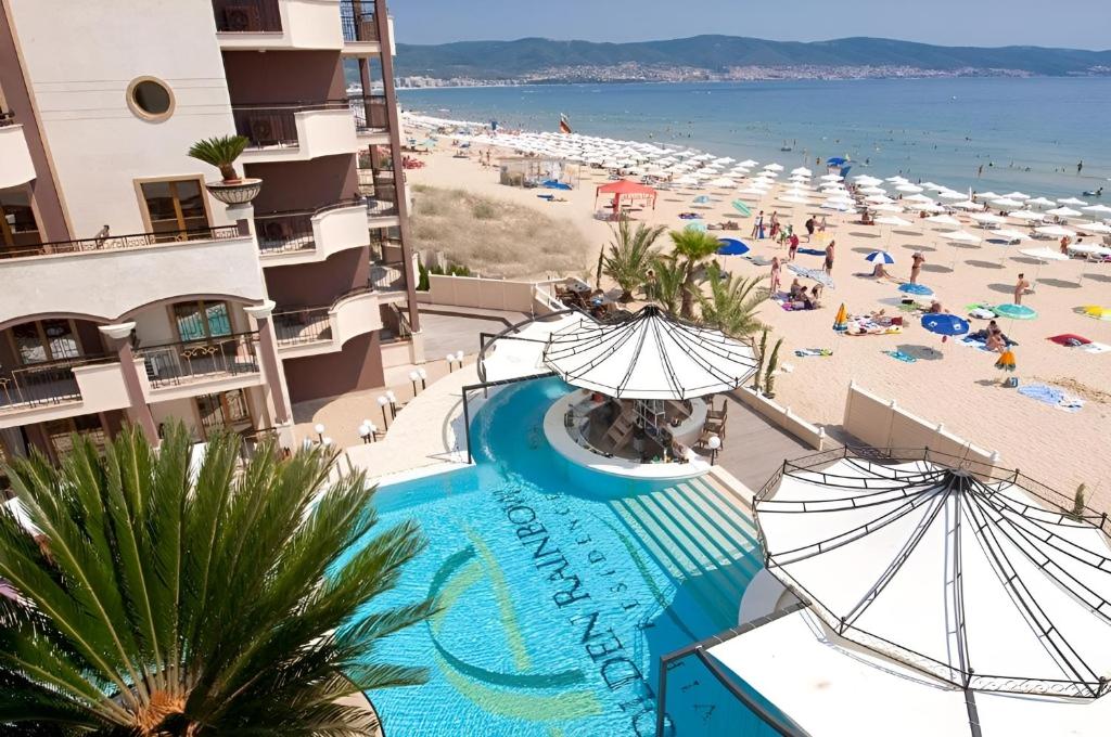an overhead view of a beach with people and umbrellas at Hotel Golden Ina - All Inclusive - Beachfront in Sunny Beach