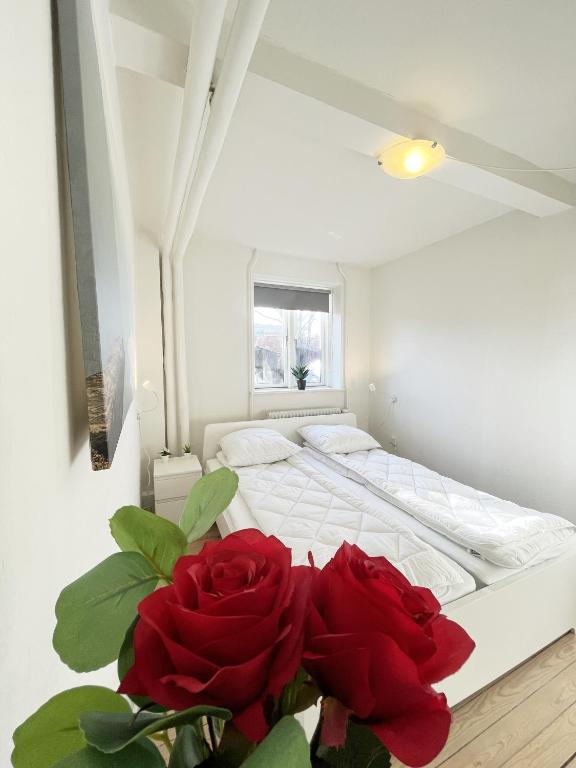a bedroom with two beds and two red roses at Central Large Double Room with free parking in Aalborg
