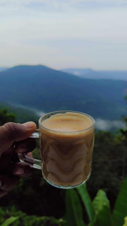 a person holding a cup of coffee with mountains in the background at Misty Moutain view in Pīrmed