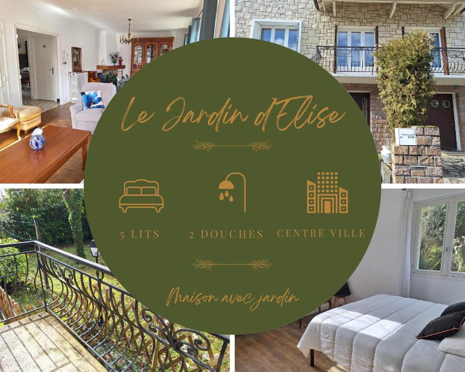 a collage of photos of a house with a green sign at Le Jardin d'Elise - Maison 10 personnes avec jardin - proche centre ville in Brive-la-Gaillarde