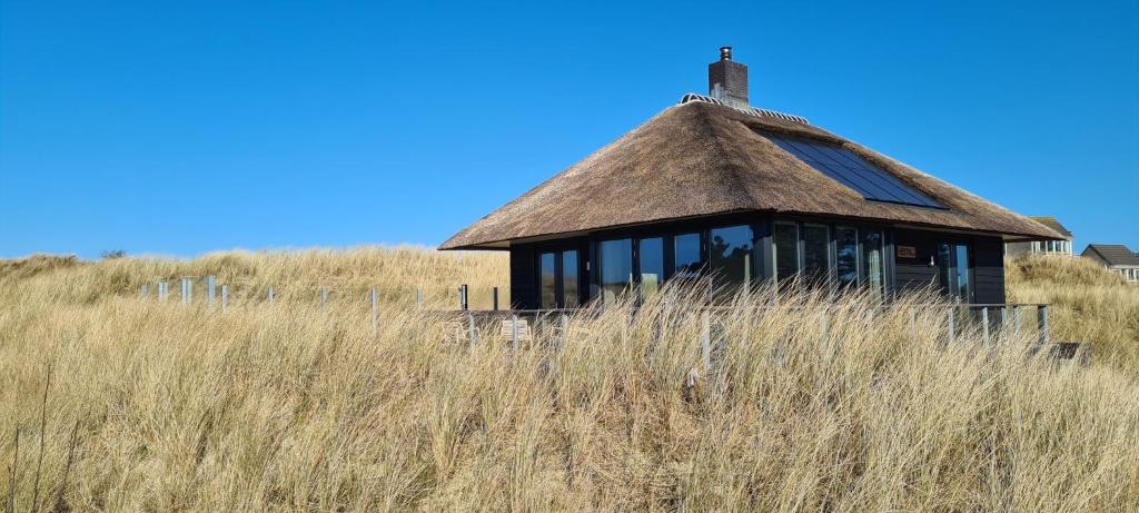 an old house with a thatch roof on a hill at Hestia (8p) in Nes