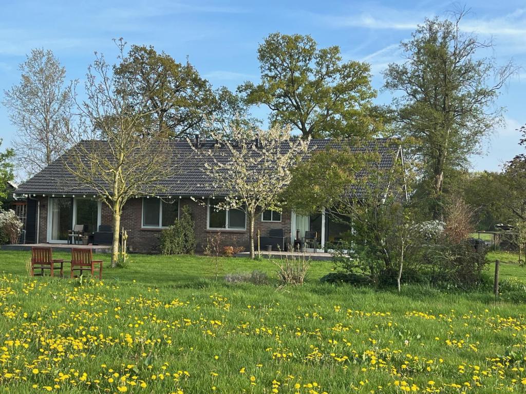 a house with a field of flowers in front of it at In de Hemmele bij Maria in Lievelde