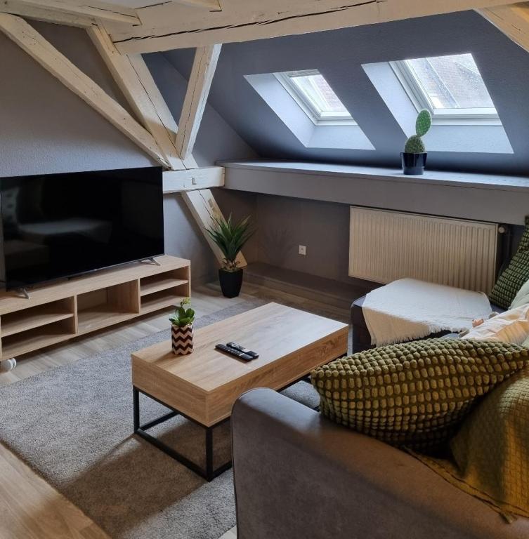 a living room with a ceiling with skylights at Bel appartement hyper centre in Sélestat