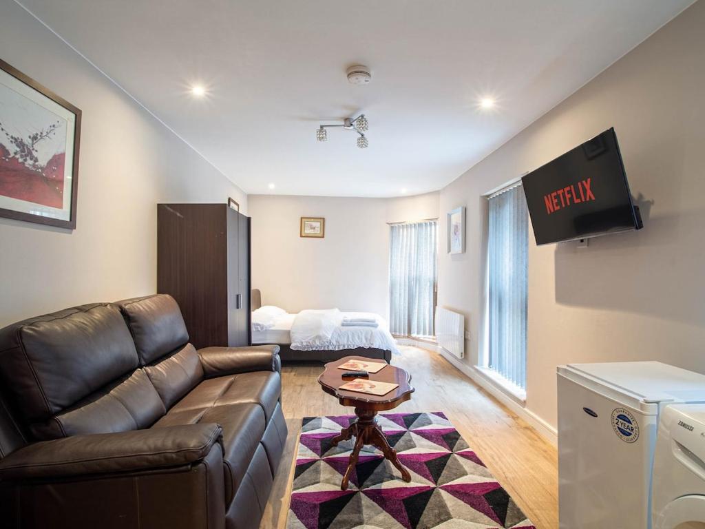 a living room with a couch and a tv at 1 Bed Cozy Flat City Center in Sheffield