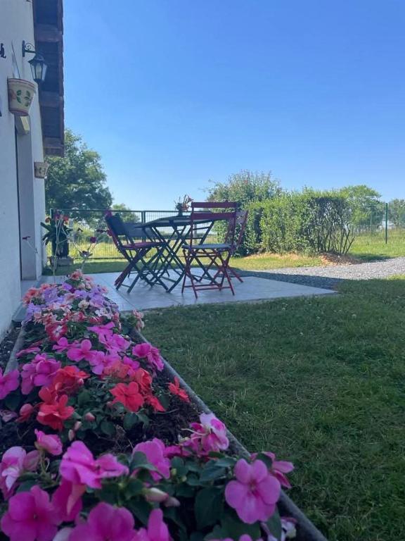 a group of picnic tables and flowers in a park at Gîte Le Mailloux - Maison calme à 15 min du Pal in Saligny-sur-Roudon