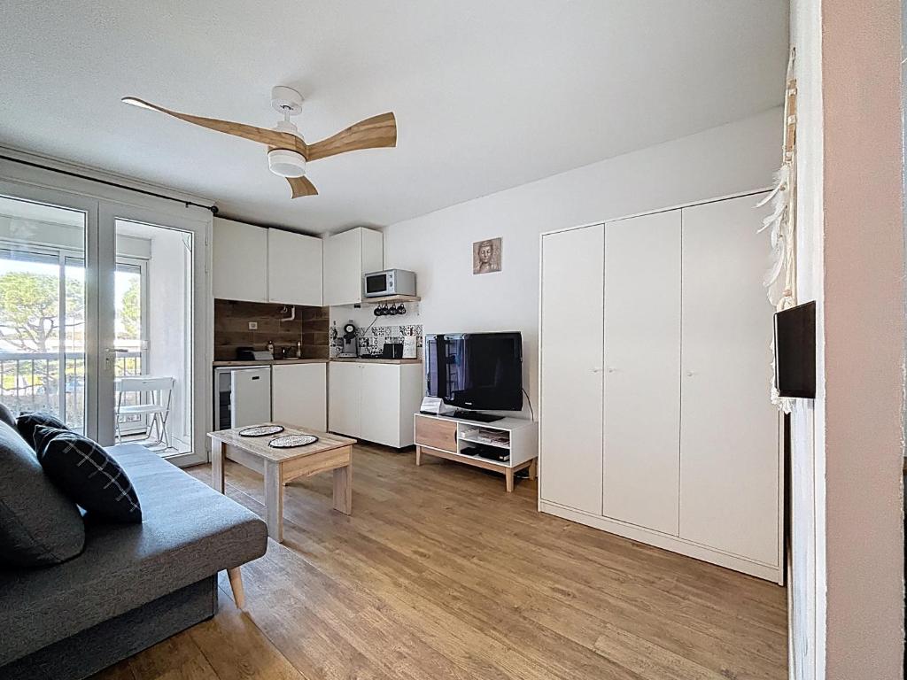 a living room with a couch and a tv at Cocon Cosy in Carnon-Plage
