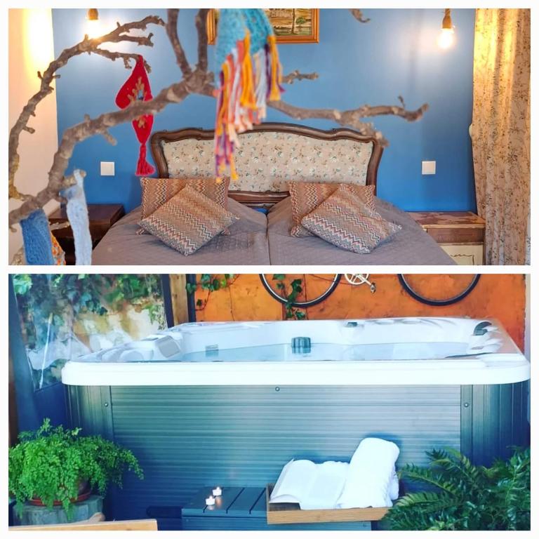 a bathroom with a bed with a tree on it at Pateo da Memória-Casa do Artesão in Quinta do Anjo