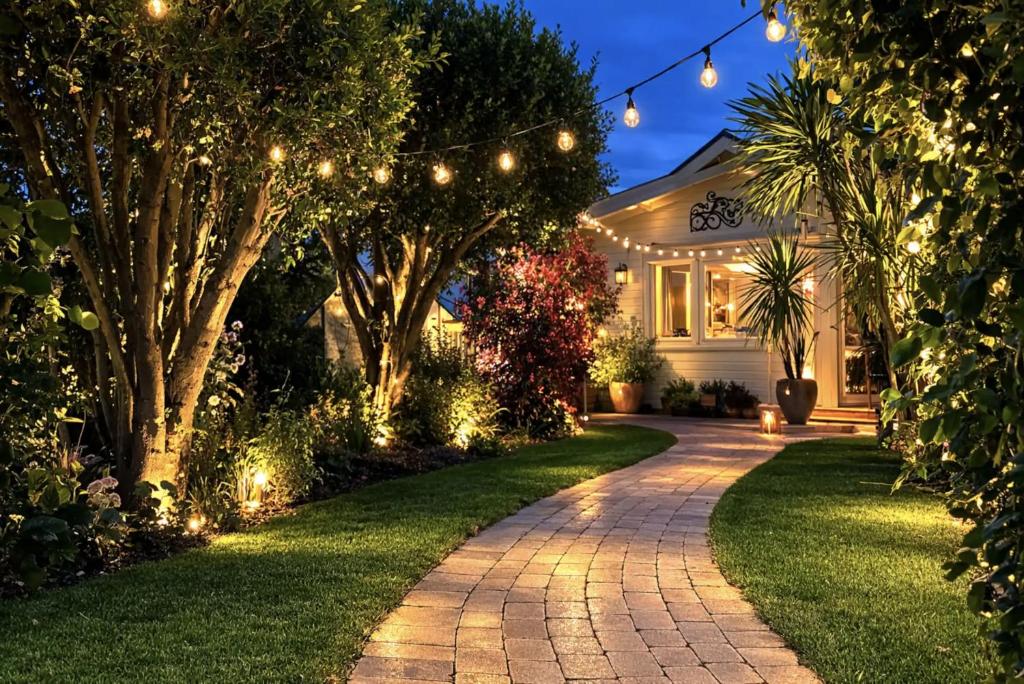 a house with christmas lights in the yard at Duck Lodge B&B in Pyecombe