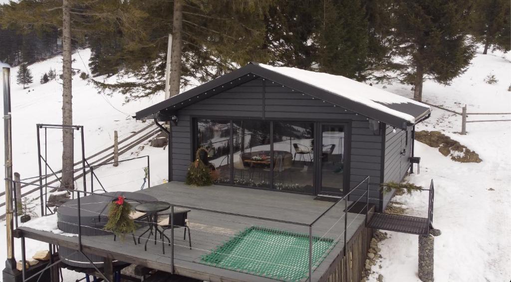a small cabin with a deck in the snow at Гойра in Dzembronya
