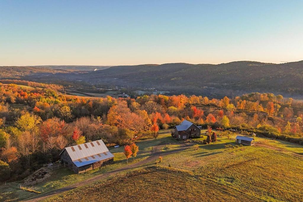 an aerial view of a barn and fall foliage at Fawn Crest -Timber Frame Retreat, Firepit, 20 acre in Alfred Station