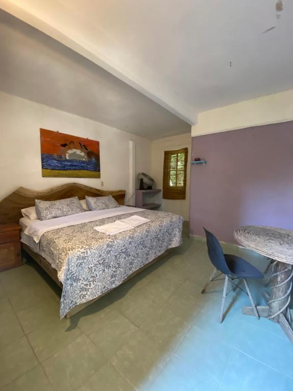 a bedroom with a bed and a desk and a chair at Jardín del Mango Nu in Zipolite