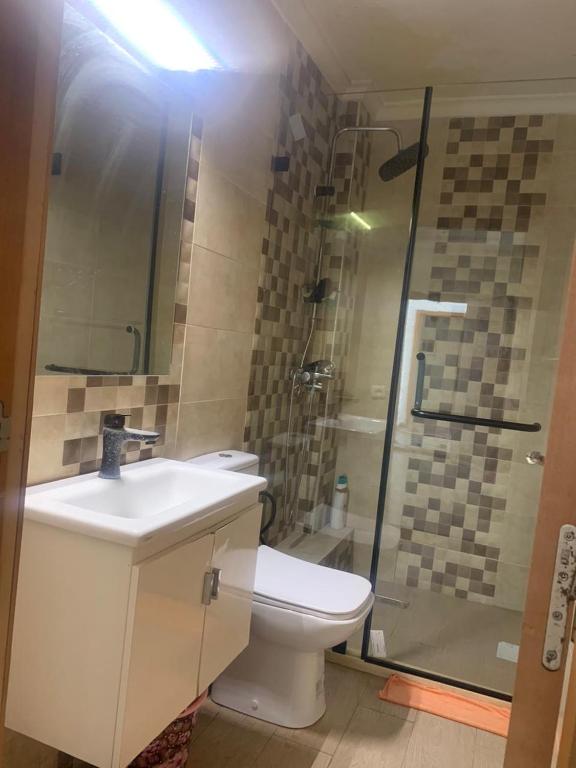 a bathroom with a toilet and a sink and a shower at Résidence sable d or in Mansouria