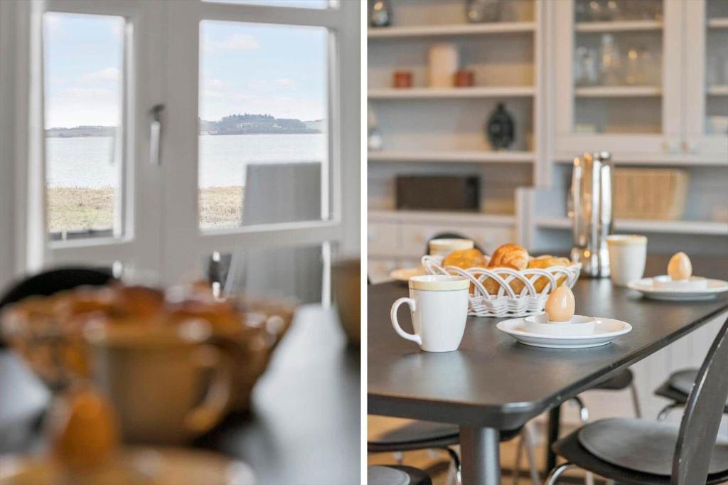 two pictures of a table with cups and pastries on it at LF11975-Struer-Havstokken-12 in Vemb