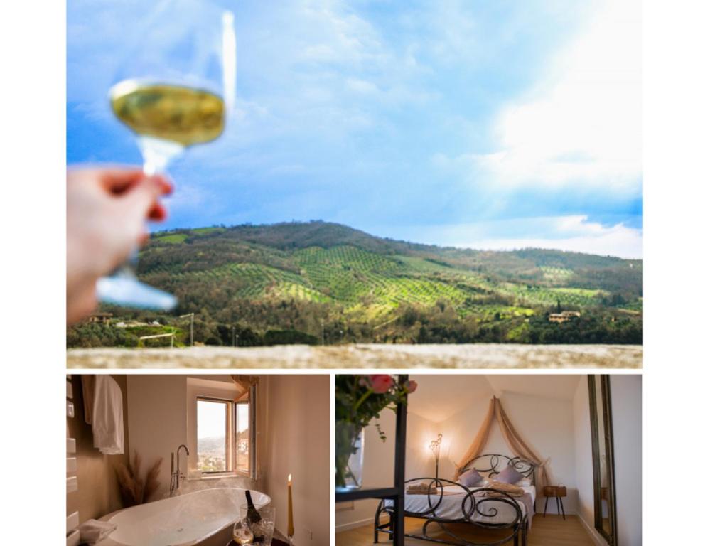 a collage of photos with a person holding a glass of wine at Tosco Suite "Ecclesia" in Sasso dʼOmbrone