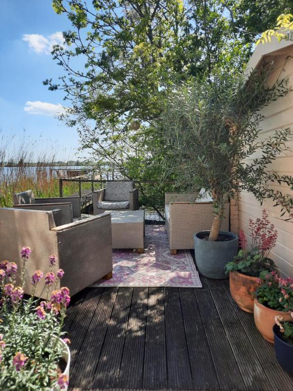 a patio with a bunch of chairs and plants at Het Goudvinkennestje in Matsloot