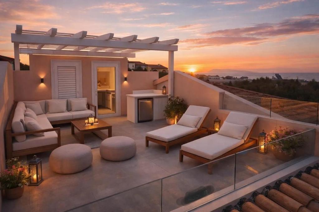 a patio with white furniture and a sunset at Piano House in Corfu