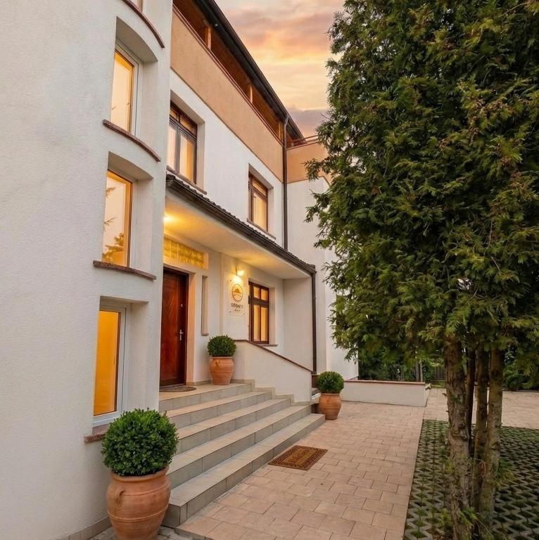 a building with stairs and potted plants on it at Serenity Apartments and Studios in Eforie Nord
