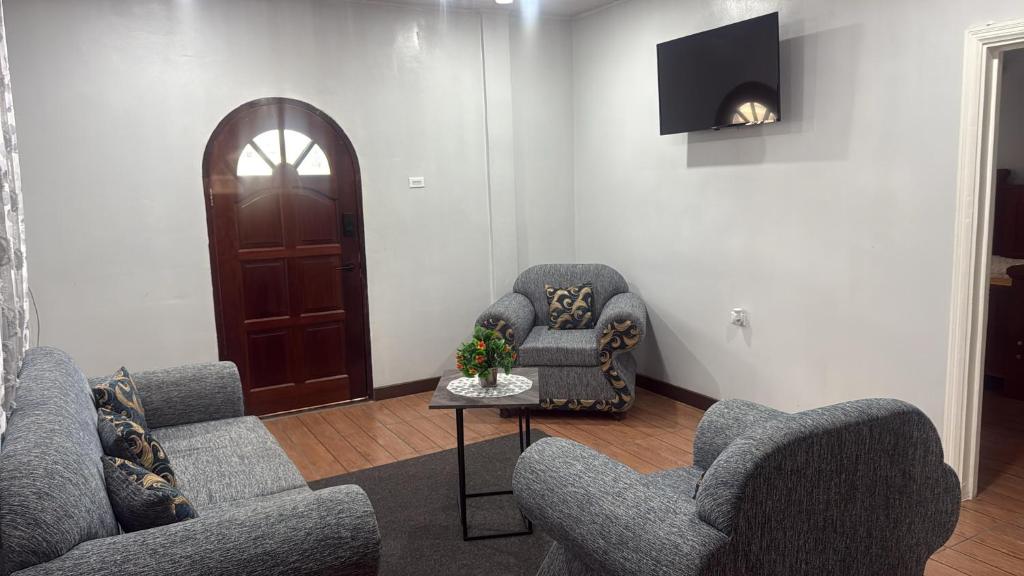 a living room with couches and chairs and a television at Peaceful Paraiso in New Amsterdam