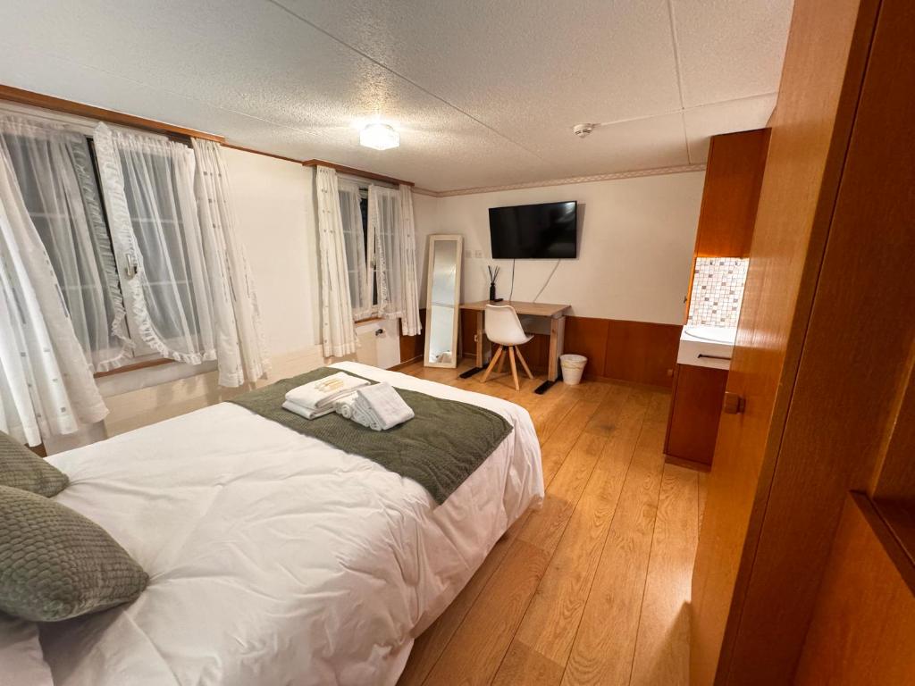 a bedroom with a bed and a desk and a television at HausHarder Rooms in Gommiswald