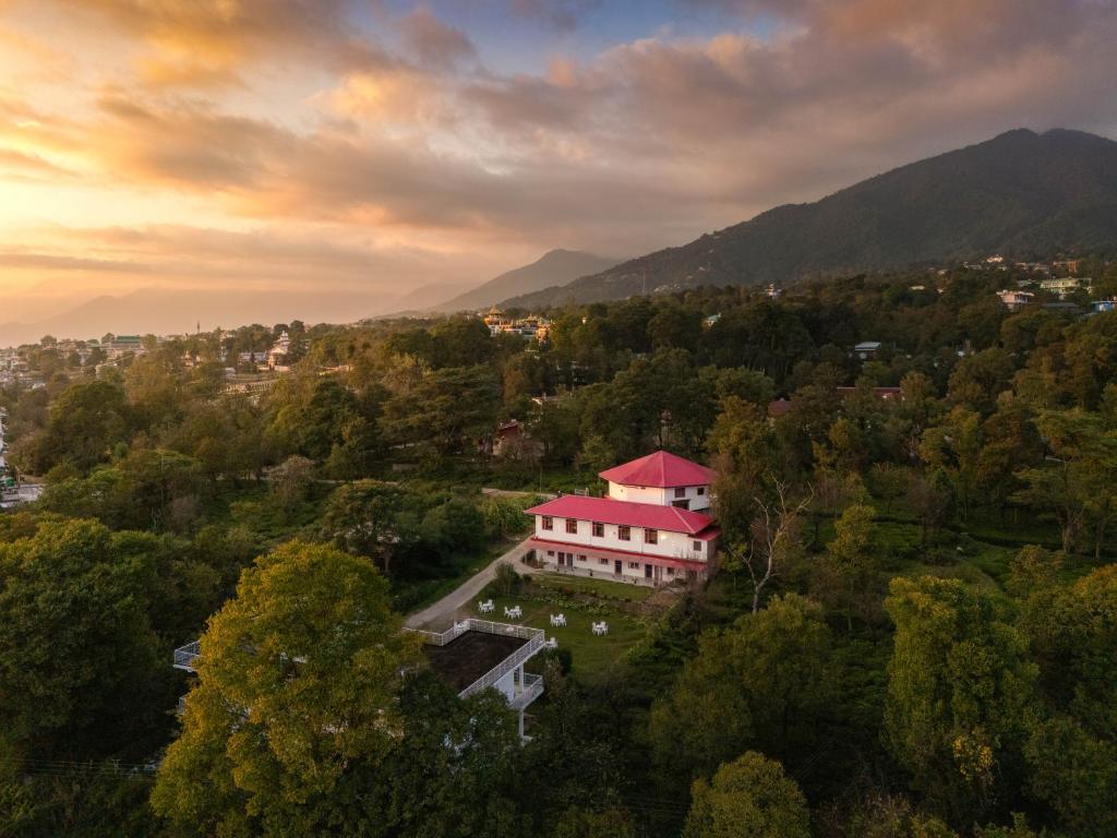 a house with a pink roof in a forest at Moustache Bir in Bīr