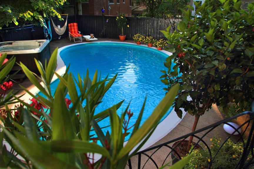 una pequeña piscina en un patio con plantas en Gîte Chez Baza, en Shawinigan