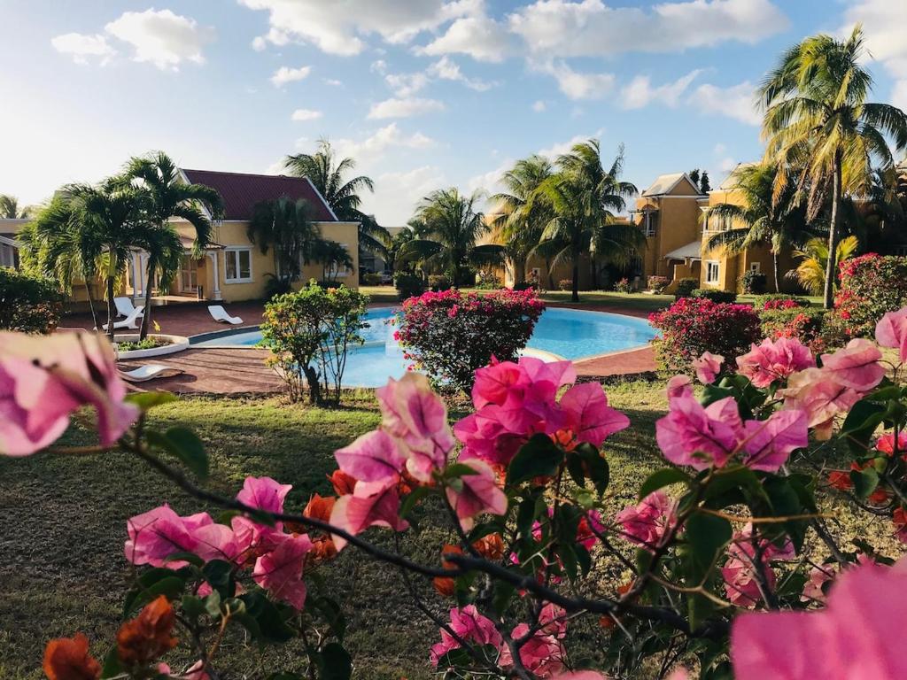 a resort with a swimming pool and pink flowers at Secure villa in a quiet garden with pool in Albion