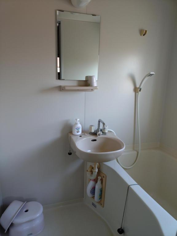 a white bathroom with a sink and a mirror at ペンション自給自足 in Miyazu