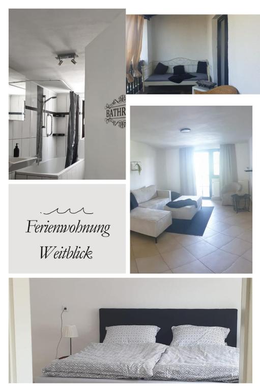 a collage of photos of a bedroom and a living room at Weitblick in Wadgassen