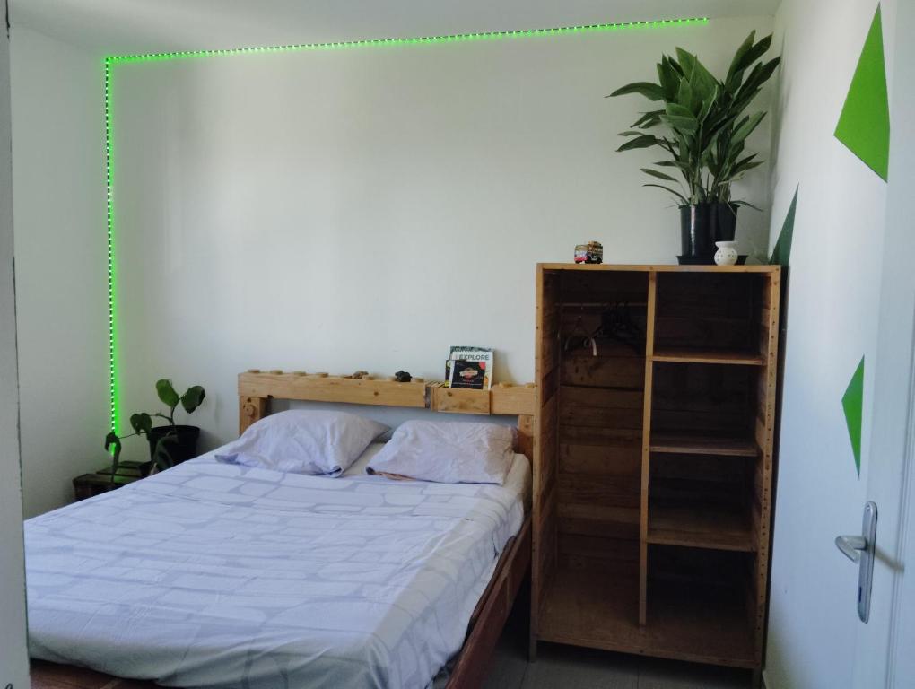 a bedroom with a bed and a book shelf at La chambre zen in Saint-André