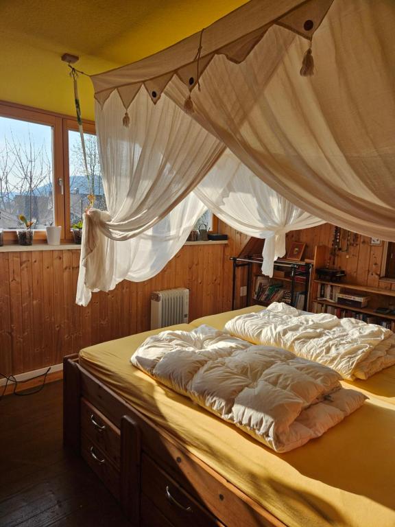 a large bed with a canopy in a bedroom at Morgensonne in Lahr