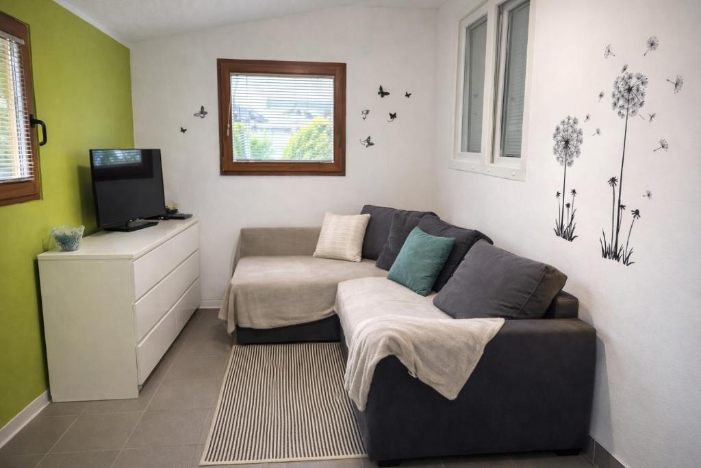 a living room with a couch and a tv at Mobile House Sweet Dreams - Terme Čatež in Brežice