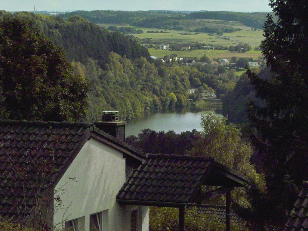ビアースドルフにあるLandhaus Waldlehneの屋根付きの家から湖の景色を望む